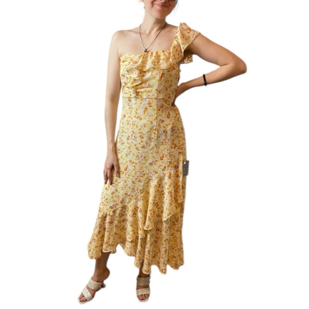 Lush || NWT || Yellow Floral One-Shoulder Midi Asymmetrical Dress